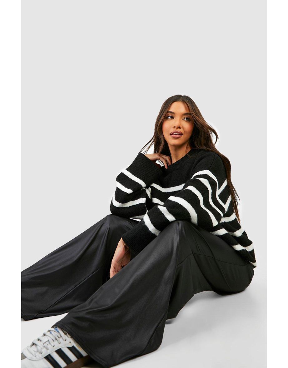 Wet Look High Waisted Wide Leg Trousers - black - 3