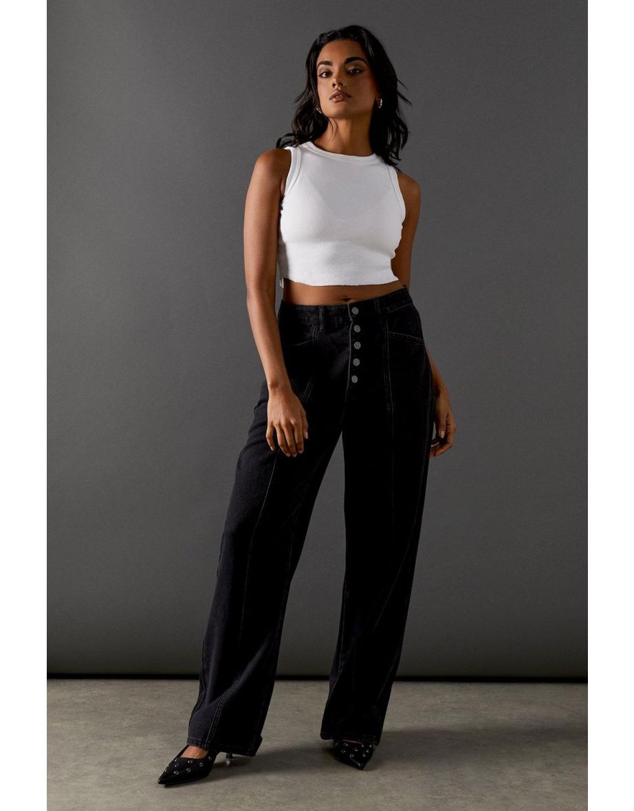 High Waisted Button Fly Seam Detail Dad Jeans