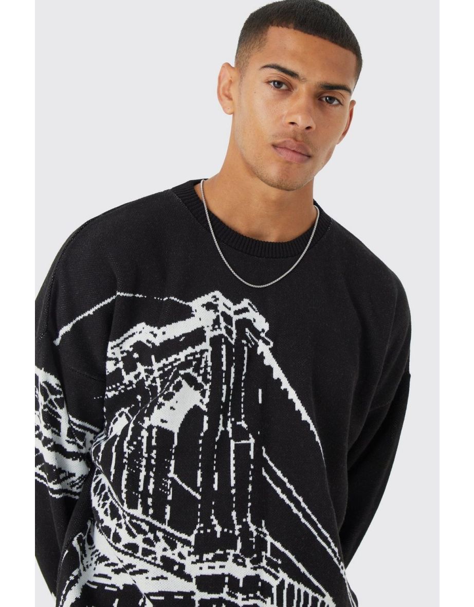 Oversized Drop Shoulder Line Graphic Jumper - black - 2
