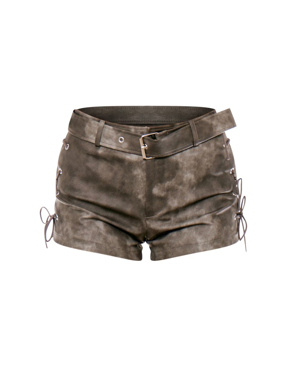 Charcoal Washed Faux Leather Belt Detail Low Rise Hot Pans short - 5