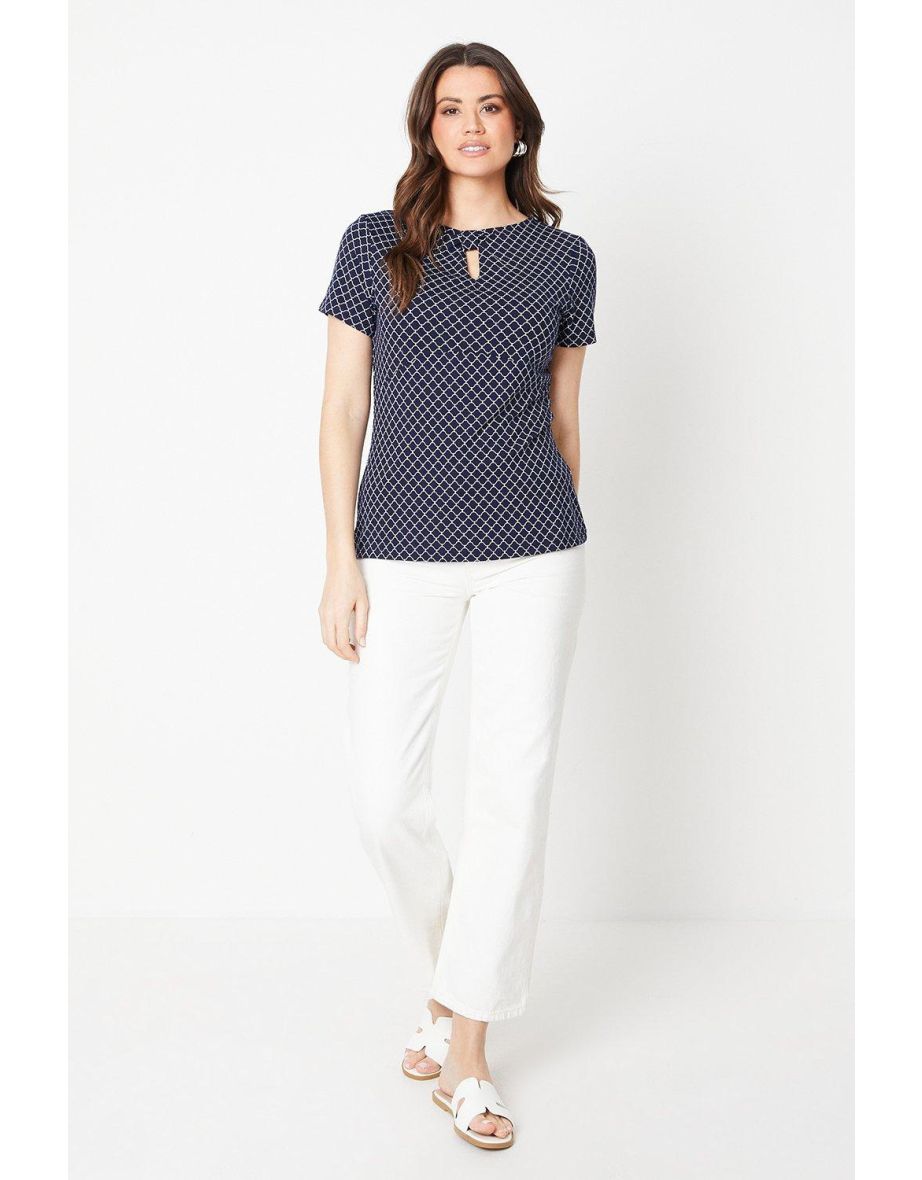 Printed Jersey Bow Keyhole Top