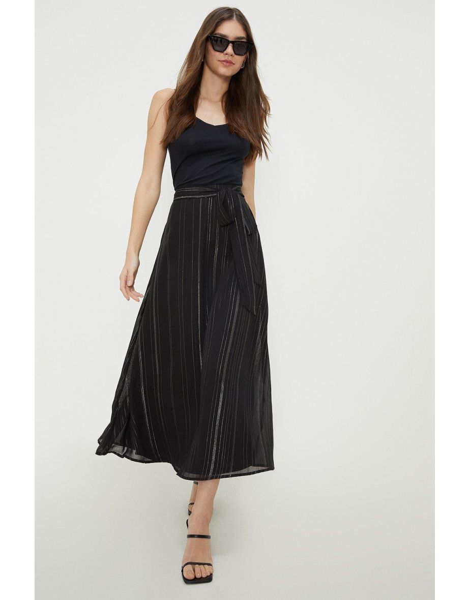 Metallic Stripe Chiffon Midi Skirt
