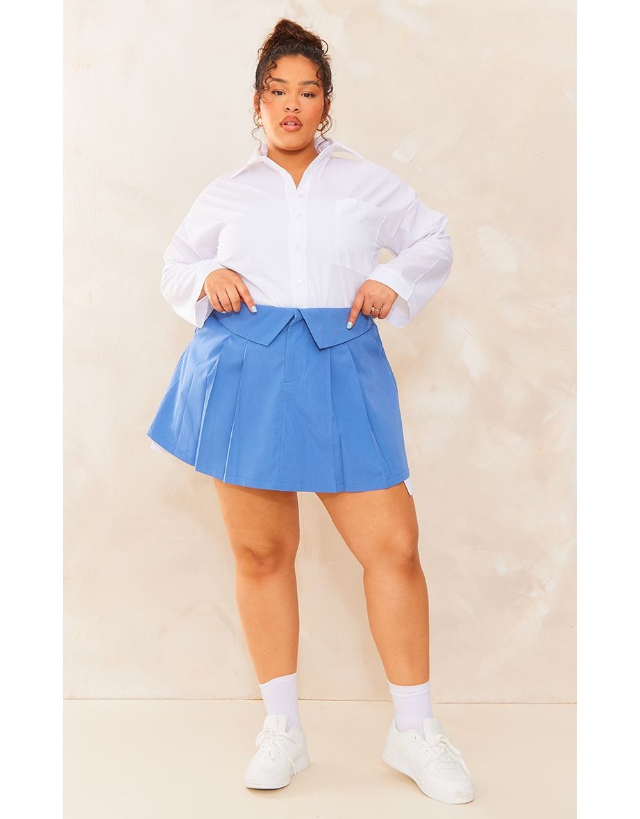 Plus Blue Fold Over Detail Pleated Mini Skirt