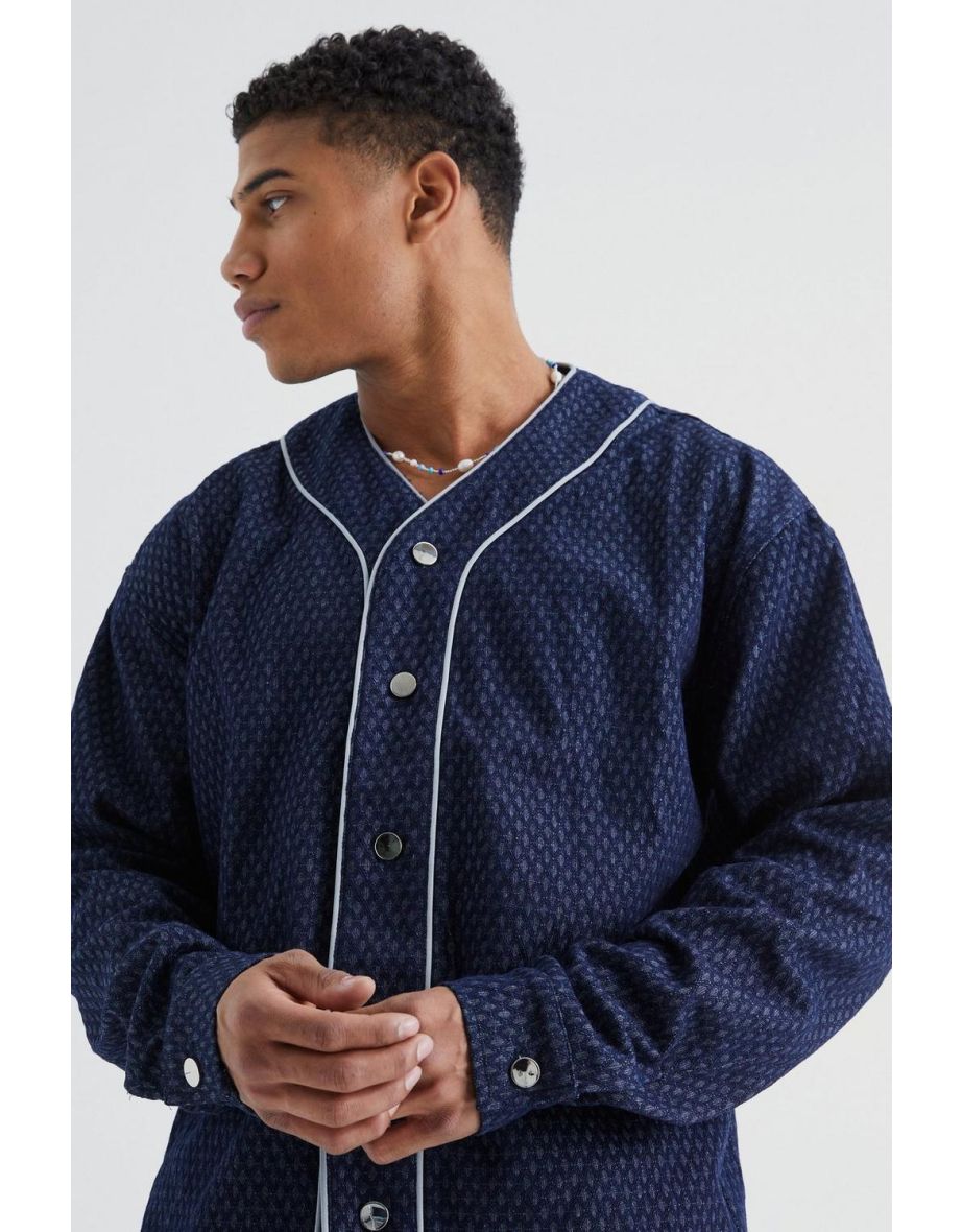 Fabric Interest Baseball Denim Shirt - dark blue - 2