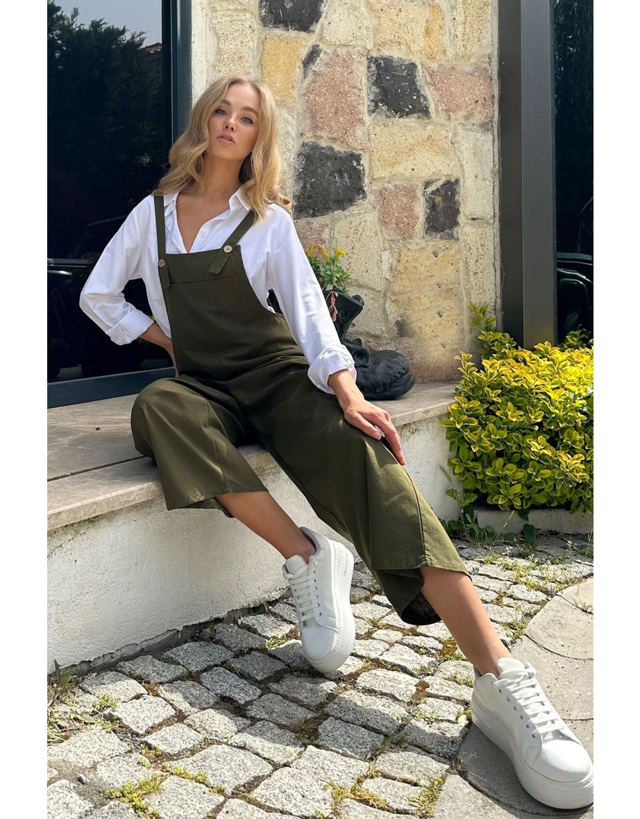 Women's Khaki Gabardine Gardener Jumpsuit with Pockets on the Front - 4