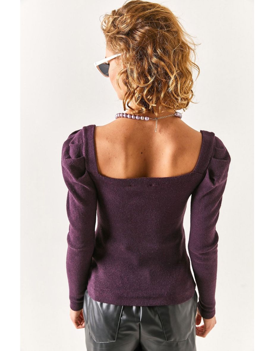 Women's Plum Square Collar Sleeve Pleated Rose Gold Blouse - 3