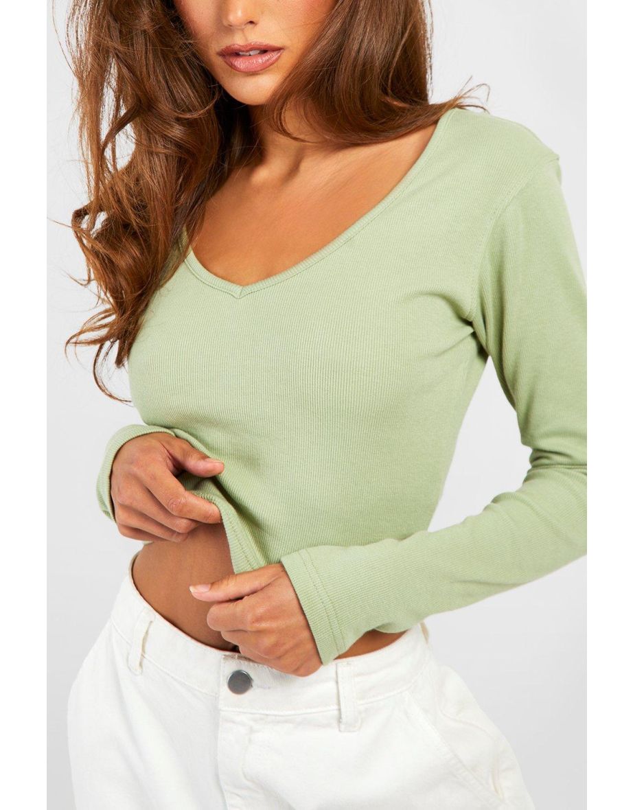Basic Rib V Neck Long Sleeve Top - olive - 3