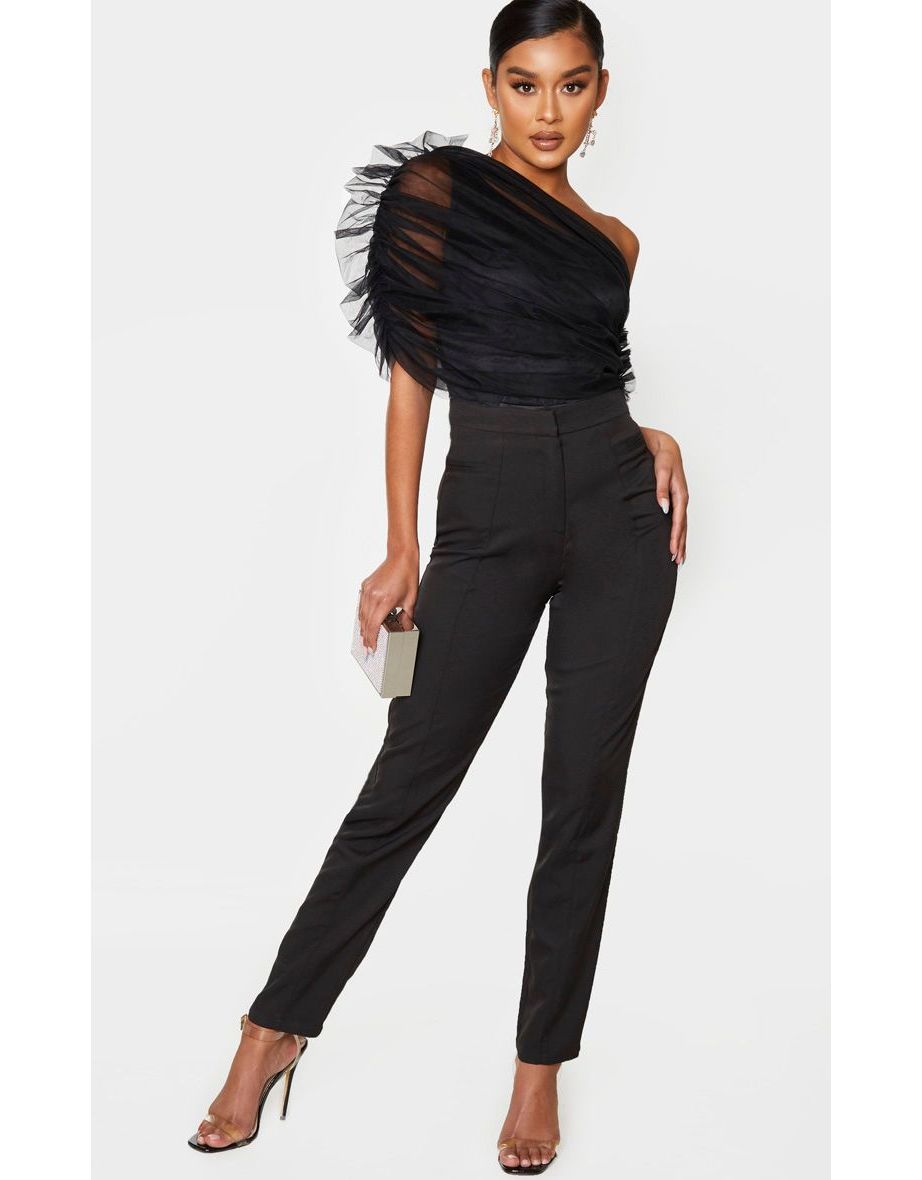 black sheer ruffle one shoulder bodysuit