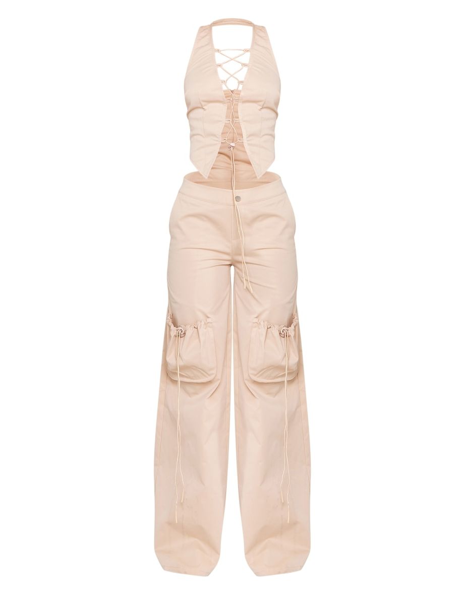 Stone Pocket Detail Halterneck Lace Up Cargo Jumpsuit - 4