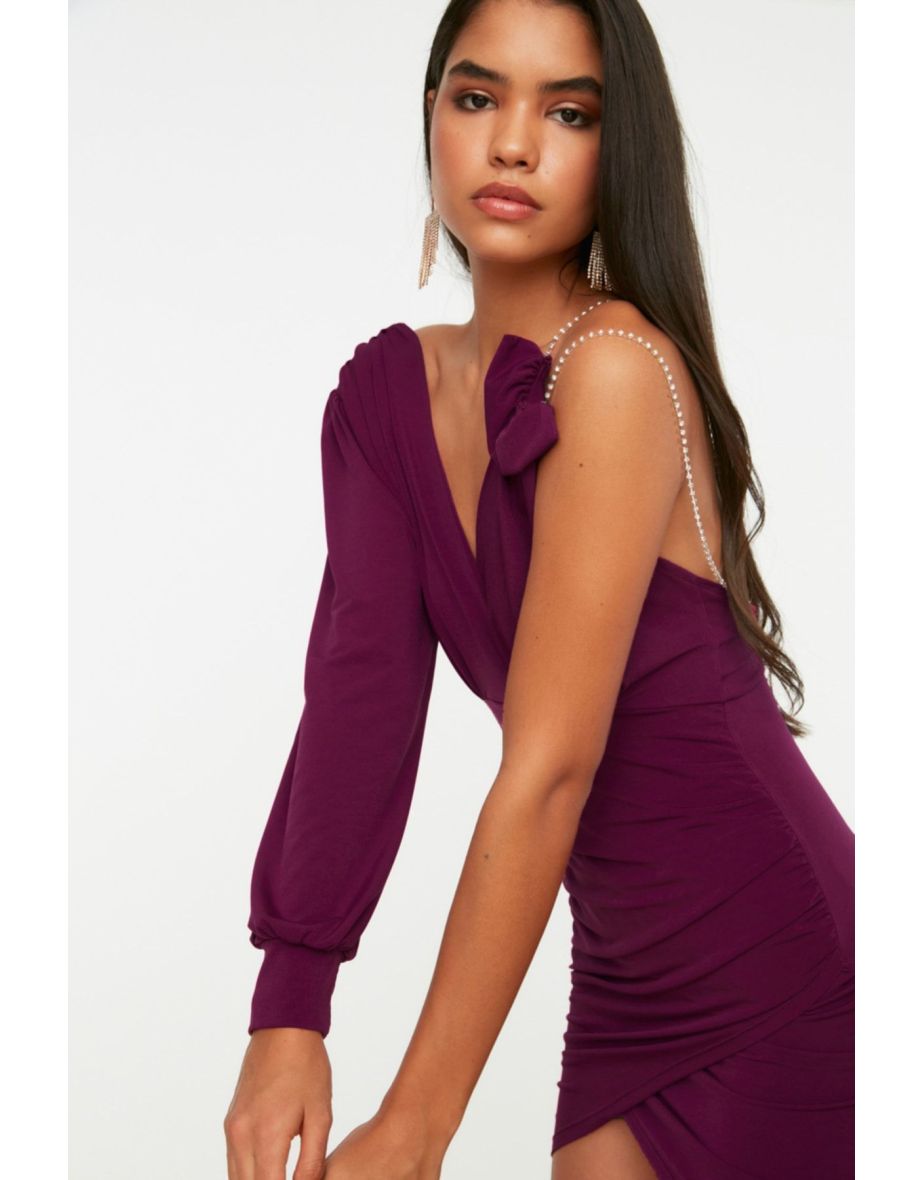 Plum Shiny Stone Knitted Short Elegant Evening Dress - 4