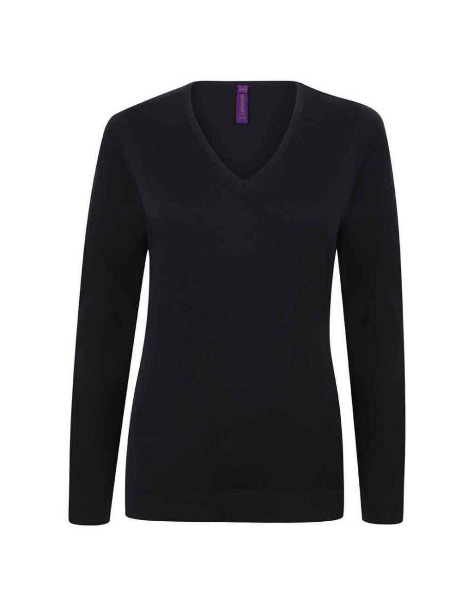 Henbury Womens/Ladies Cotton Acrylic V Neck Sweatshirt - Navy