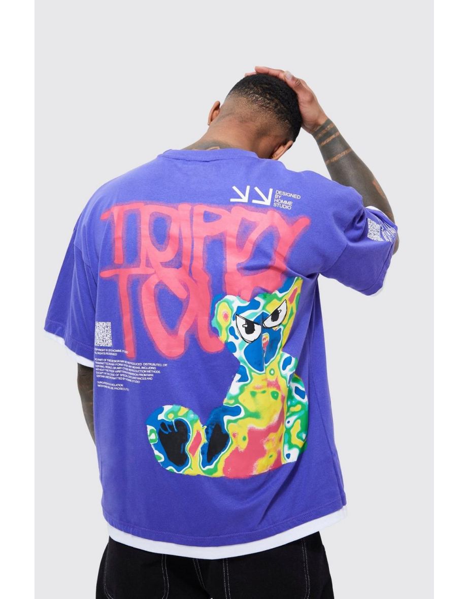 Oversized Faux Layer Trippy Graphic T-shirt - purple - 2