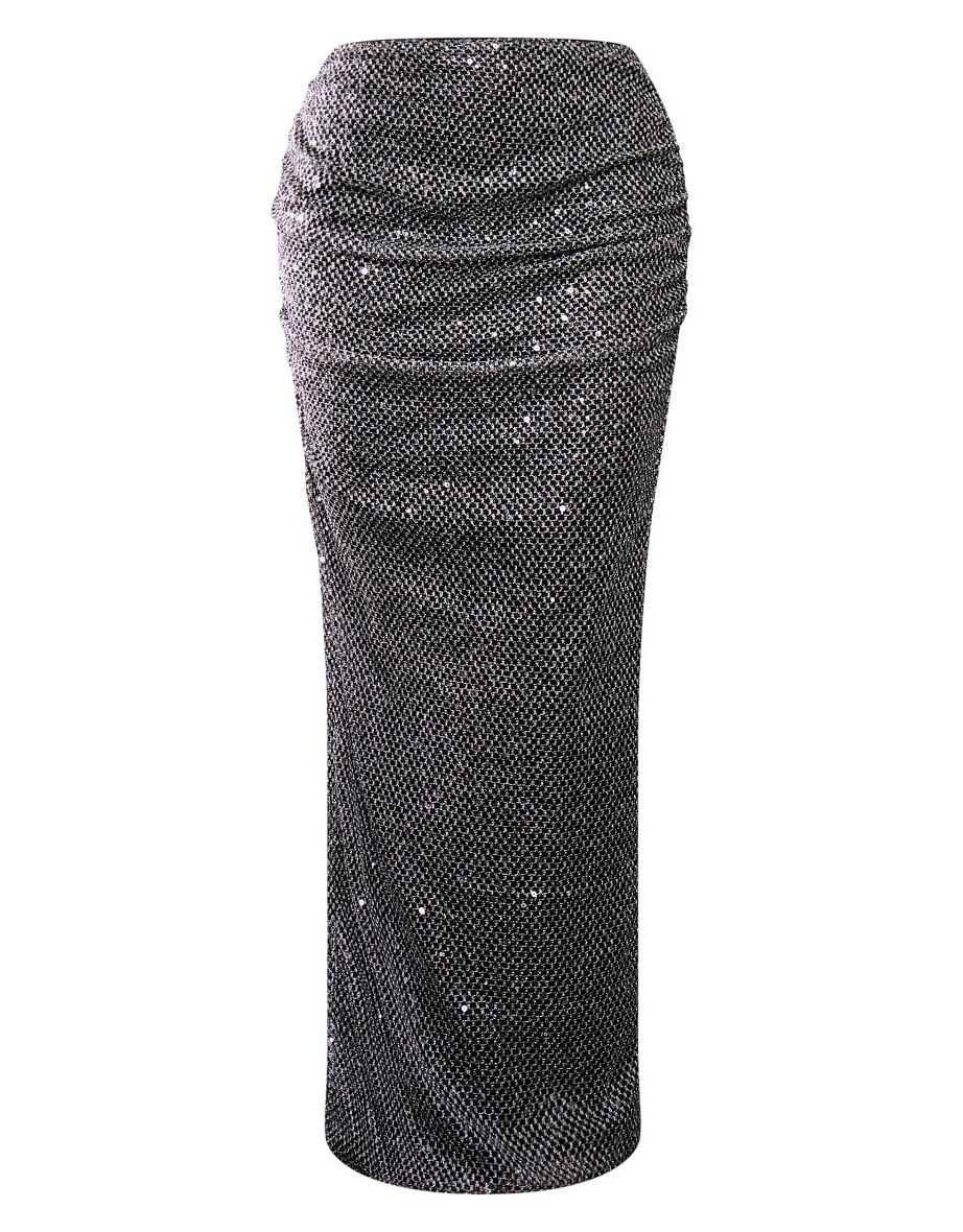 Black Glitter Metallic Low Rise Ruched Maxi Skirt - 4