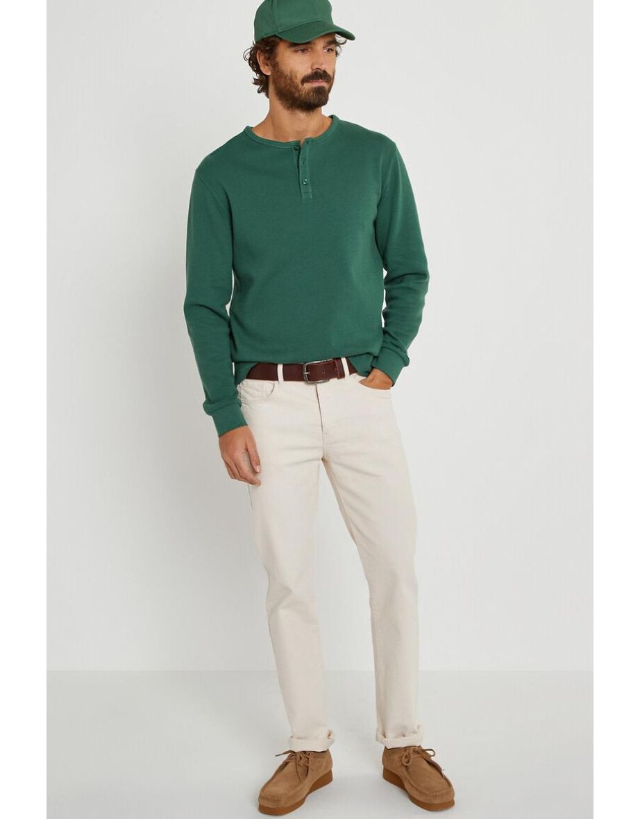 Cotton Grandad Collar T-Shirt with Long Sleeves