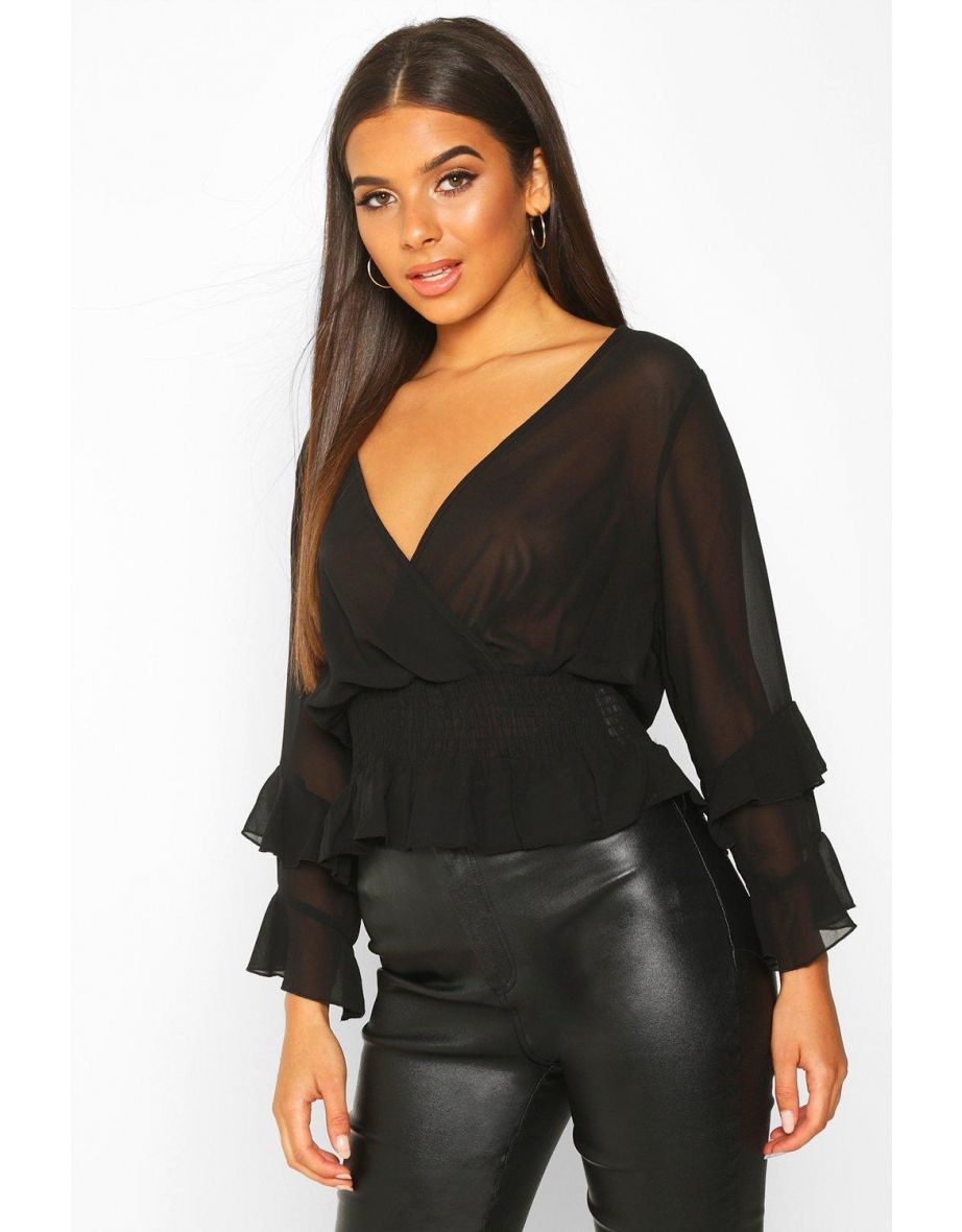 Woven Chiffon Ruffle Detail Blouse - black