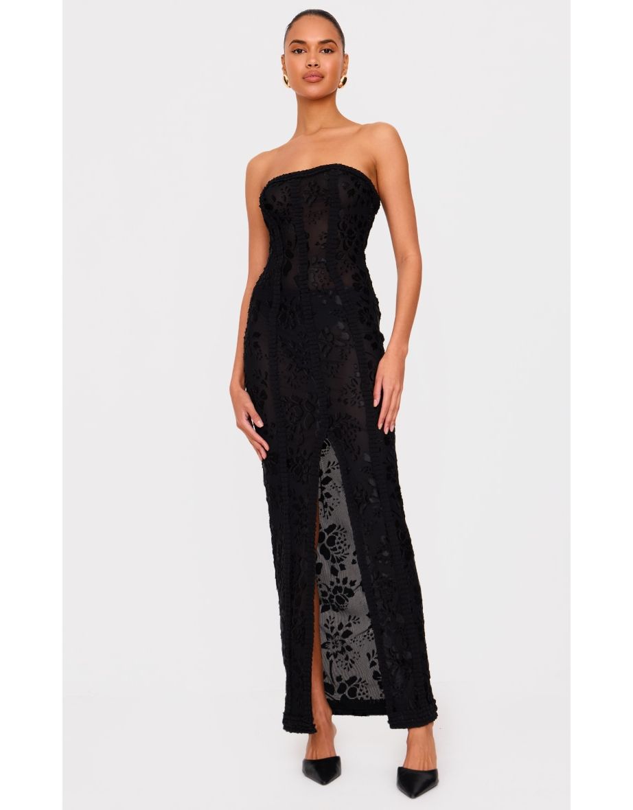 Black Mesh Floral Detail Bandeau Maxi Dress