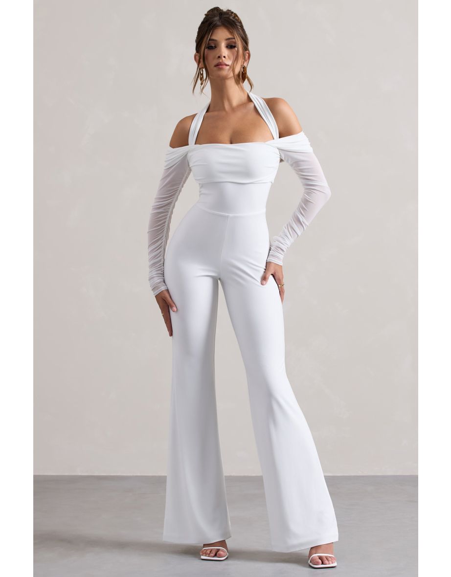 Shannon | White Ruched Halter-Neck Flared-Leg Jumpsuit - 4