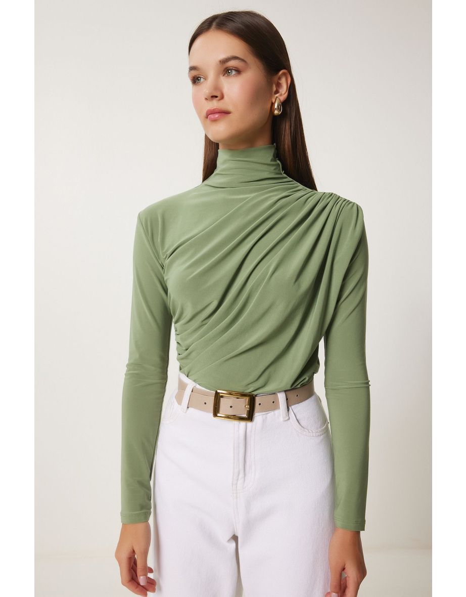 Women's Green Gather Detailed Stand Collar Sandy Top