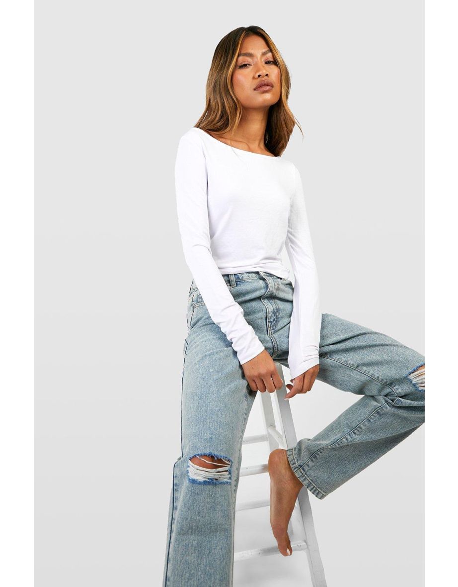 Basics High Waisted Straight Leg Ripped Knee Jeans - washed blue - 3