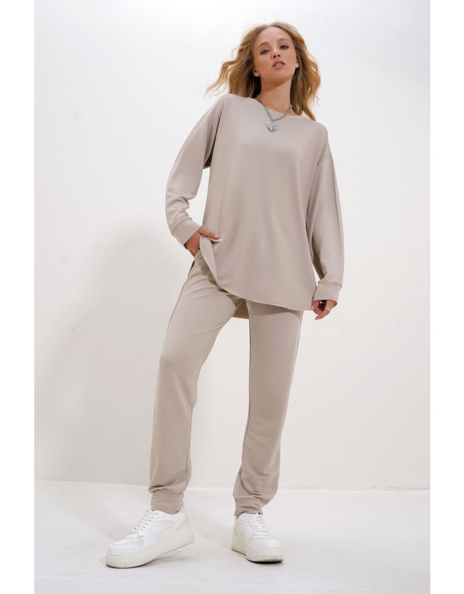 Women's Beige Crew Neck Side Slit Soft Texture Modal Tracksuit
