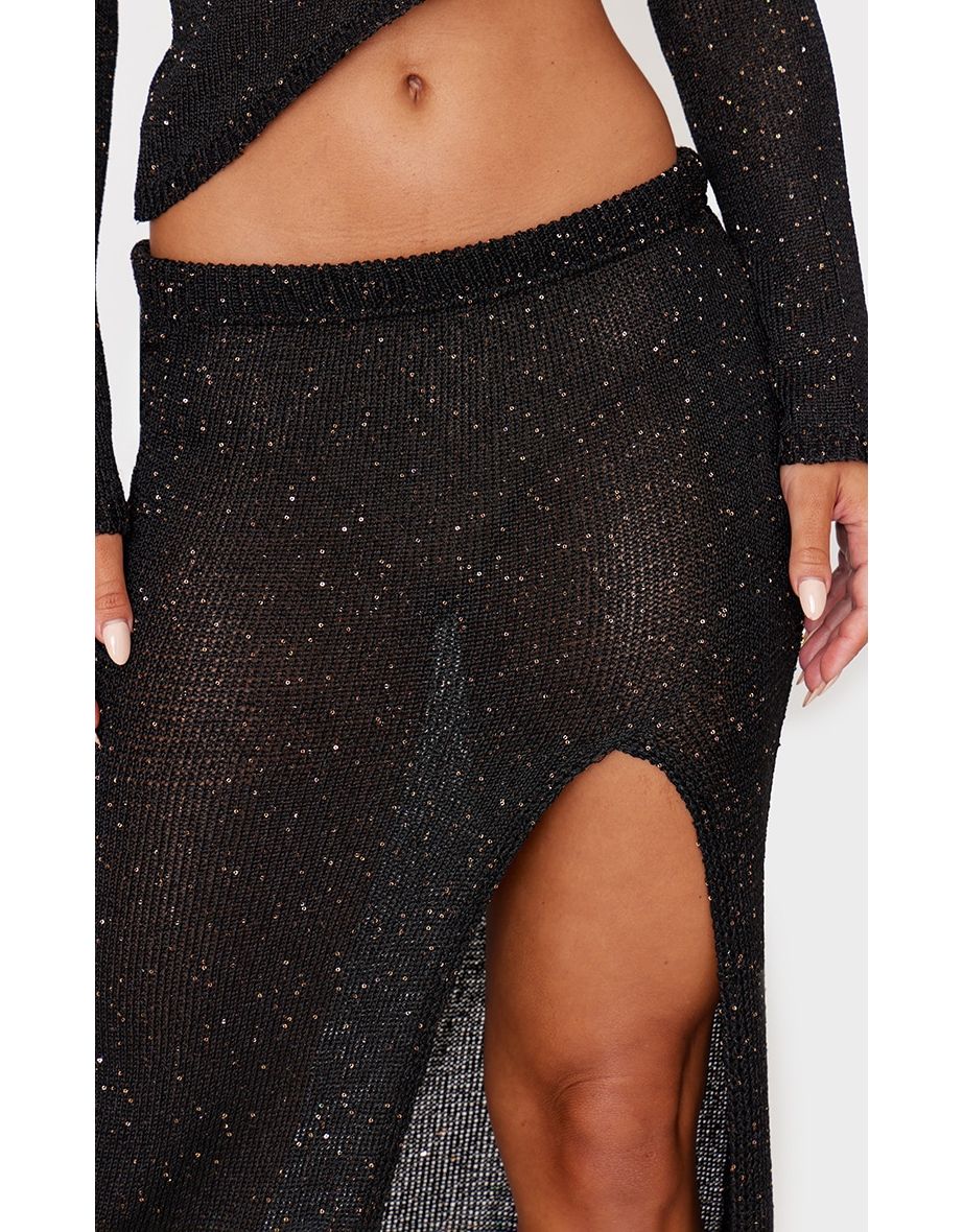 Black Sequin Knit Side Split Maxi Skirt - 2