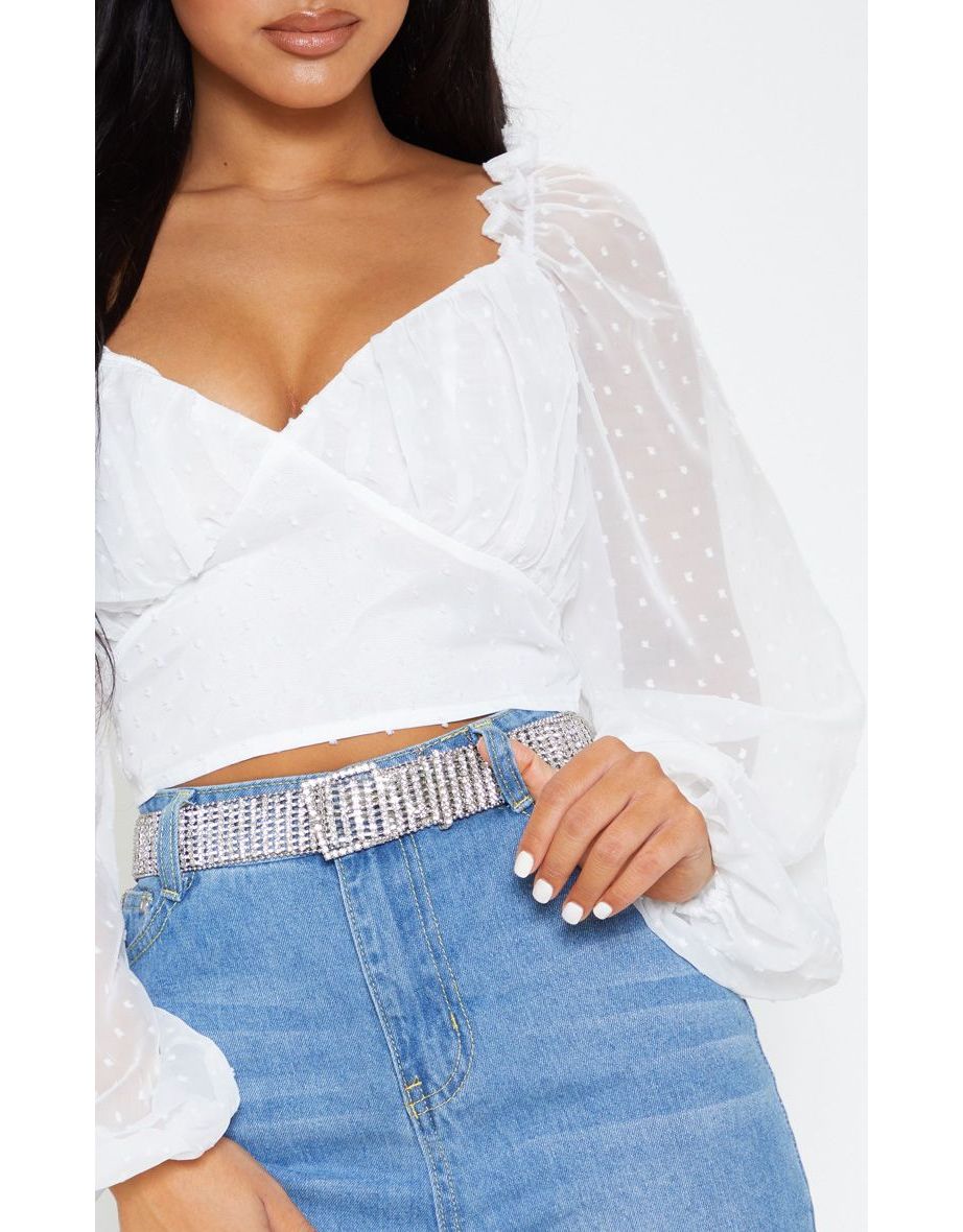 Petite White Dobby Mesh Chiffon Sweetheart Blouse - 4