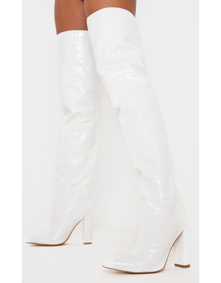 white thigh high boots block heel