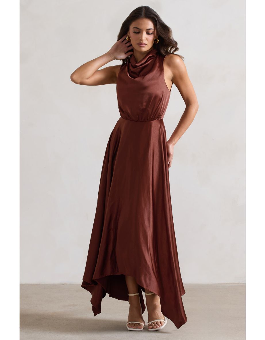 Kerri | Chocolate Brown Satin Cowl-Neck Maxi Dress - 5