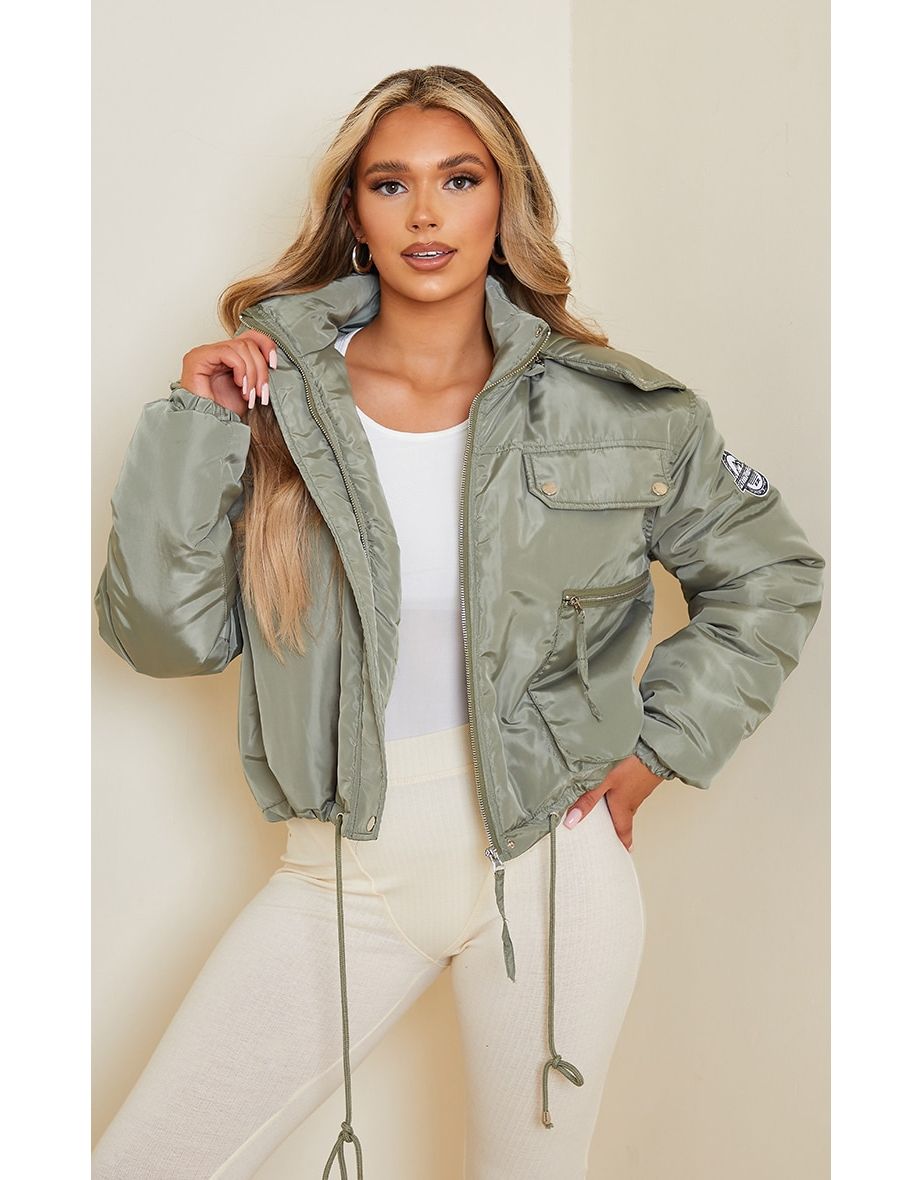 PRETTYLITTLETHING Recycled Khaki Cropped Removable Faux Fur Hooded Parka