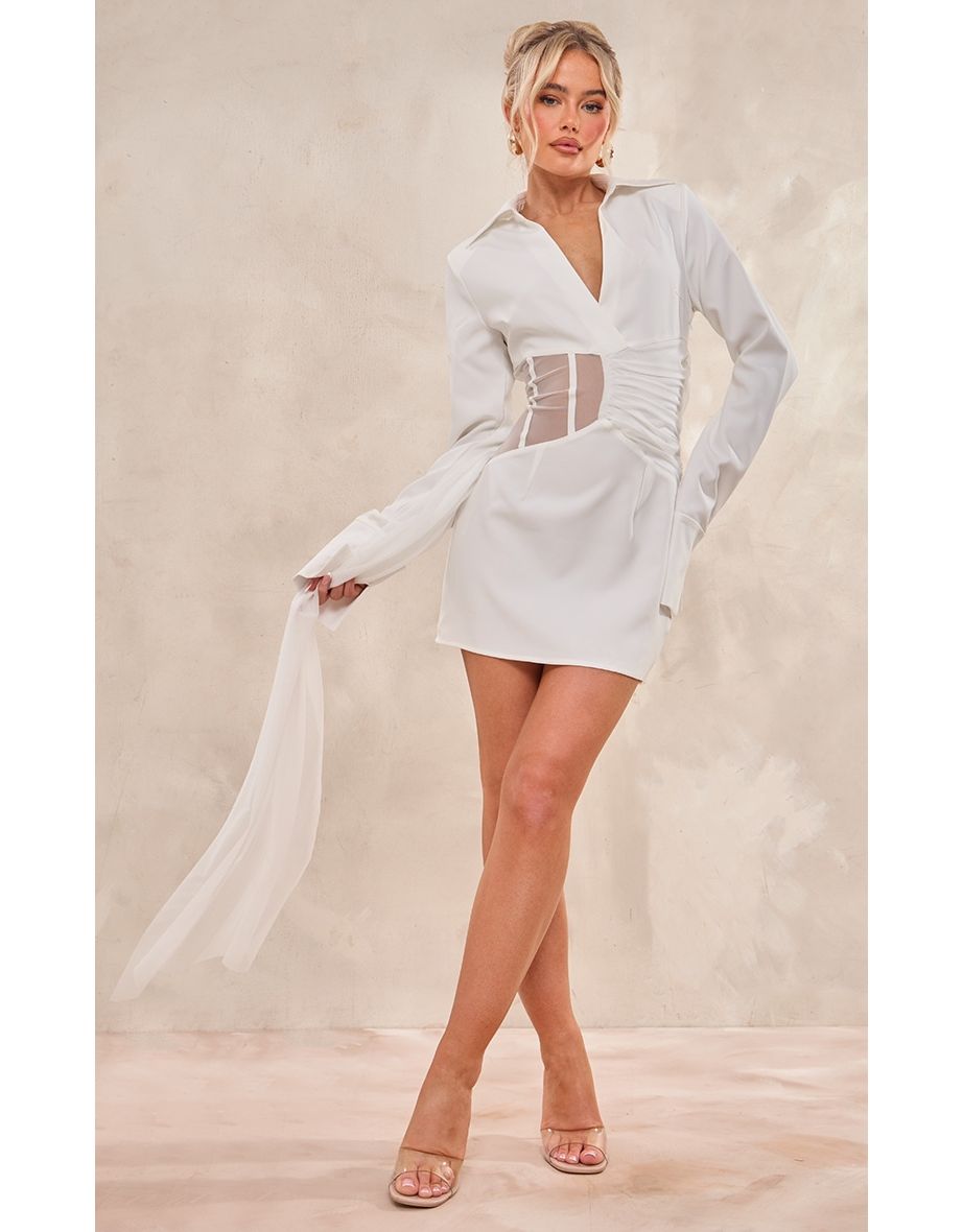 Prettylittlething White Bodycon Mini Shirt Dress with Long Sleeves
