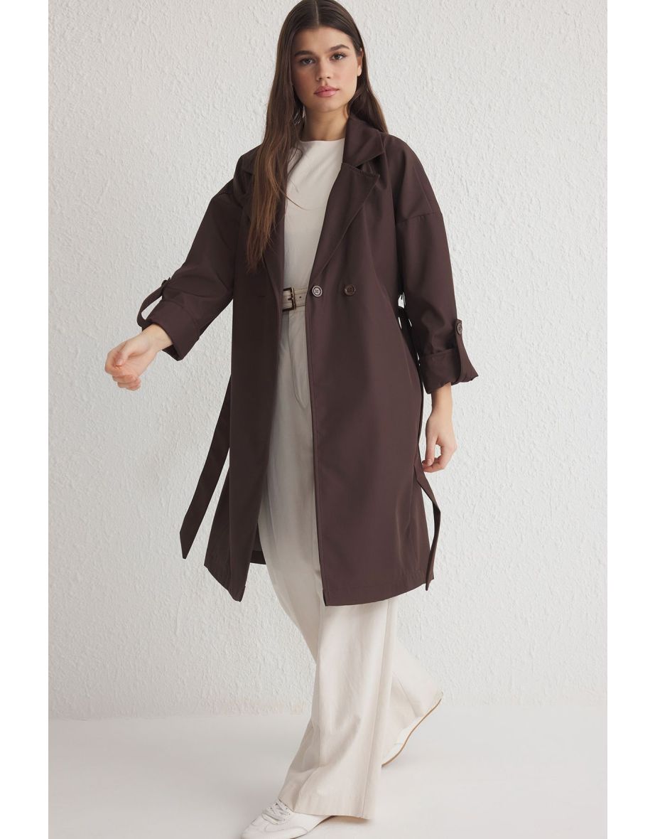Brown Oversize Belted Water Repellent Long Trench Coat