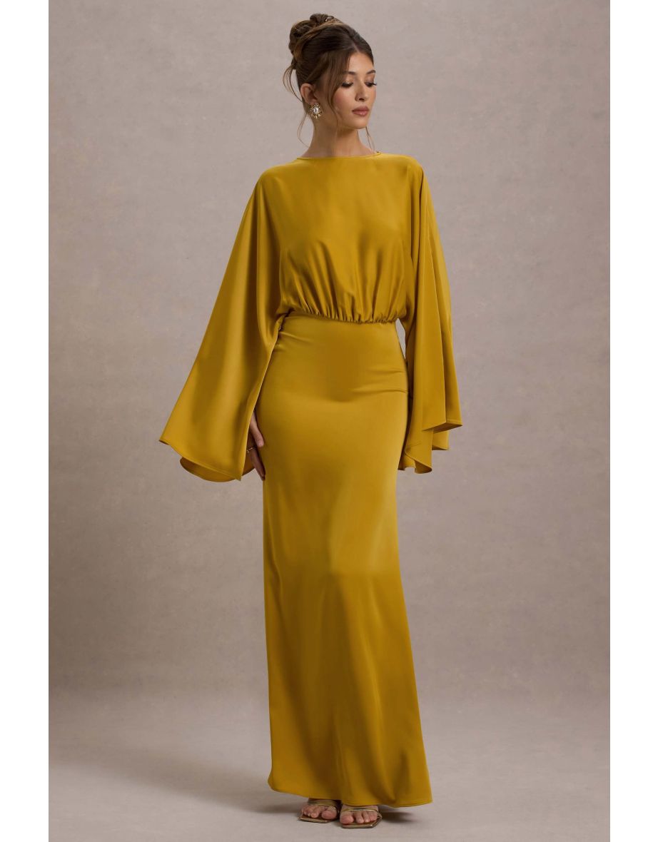 Zuzanna | Mustard Draped Maxi Dress With Cape Sleeves