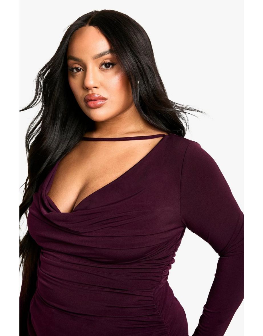 Plus Cowl Neck Detail Ruched Top - plum - 3