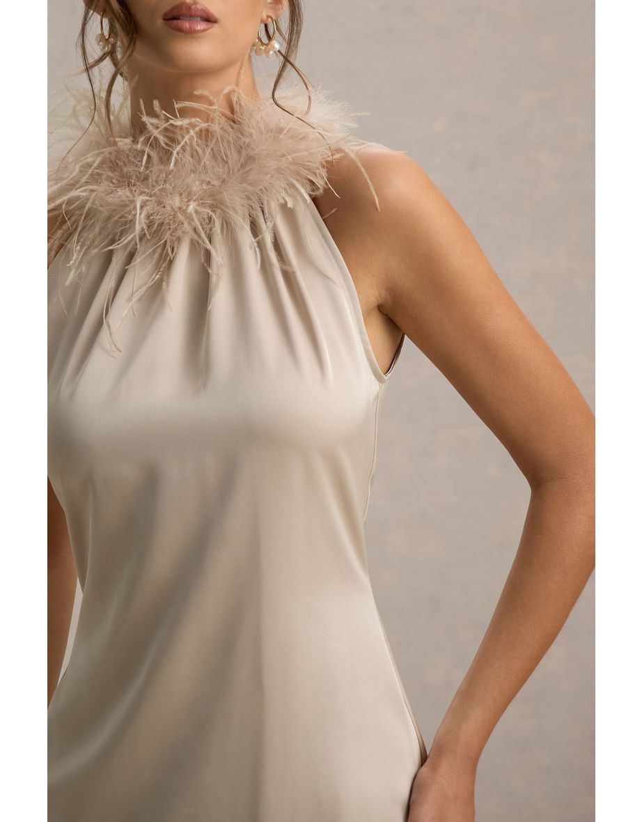 Bianca | Champagne Satin Feather-Trim Maxi Dress - 5