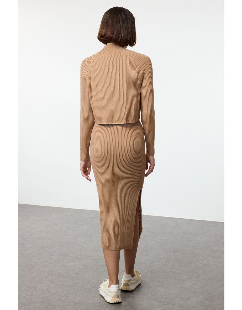 Camel Crop Basic Skirted Knitwear Bottom-Top Set - 4