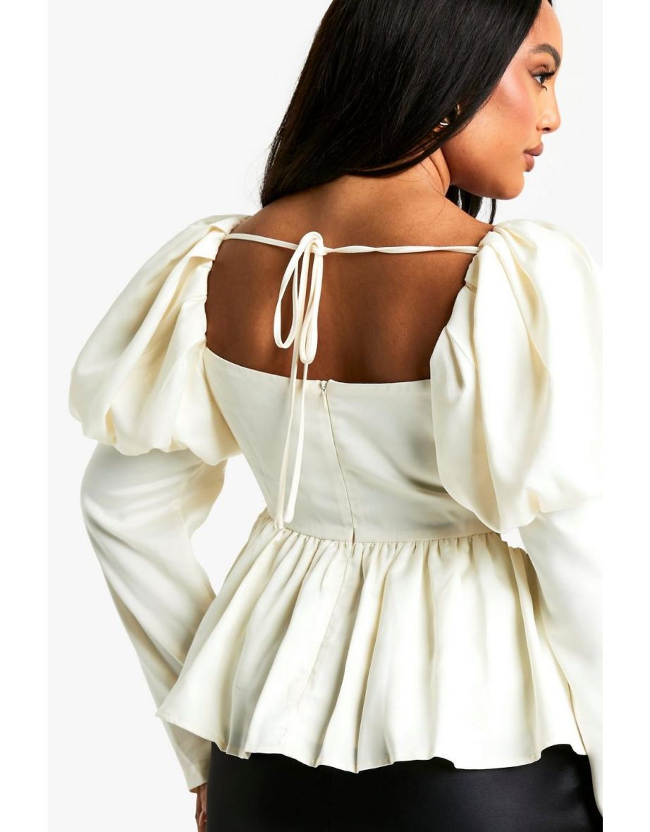 Plus Satin Puff Sleeve Top - ivory - 3