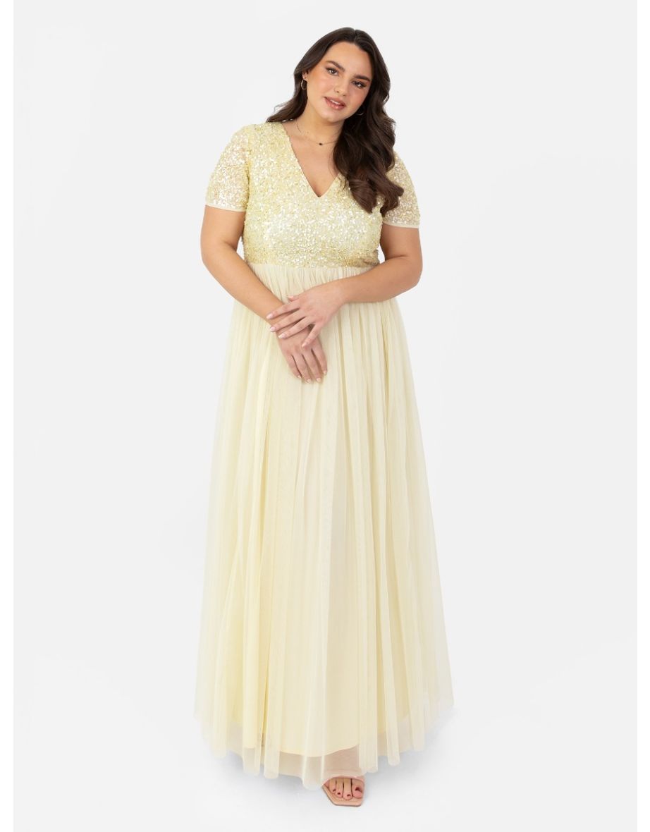 Maya Lemon Yellow V Neckline Embellished Maxi Dress - 1