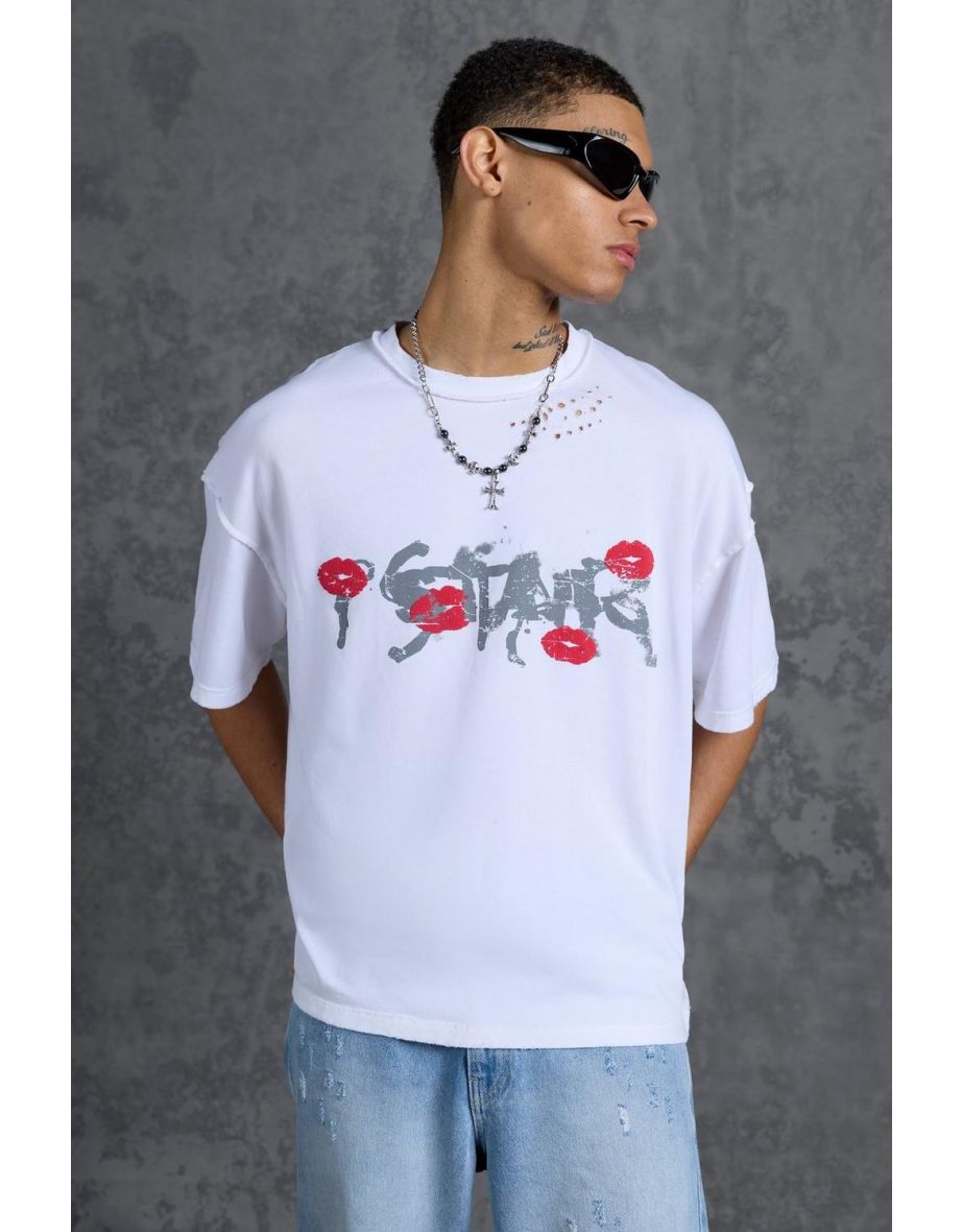 Gunna Oversized Boxy T-Shirt with Graphic Lip Print - white
