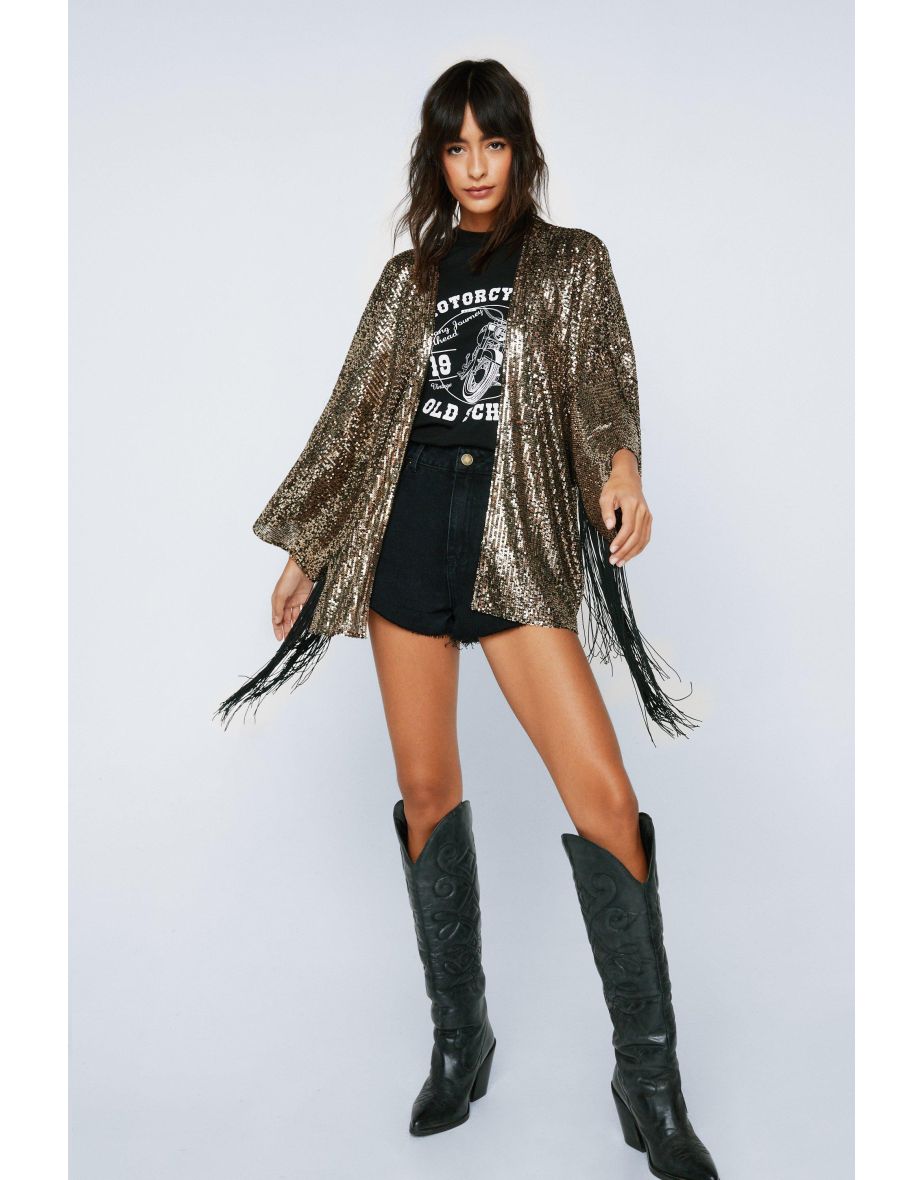 Fringed Sleeve Sequin Kimono