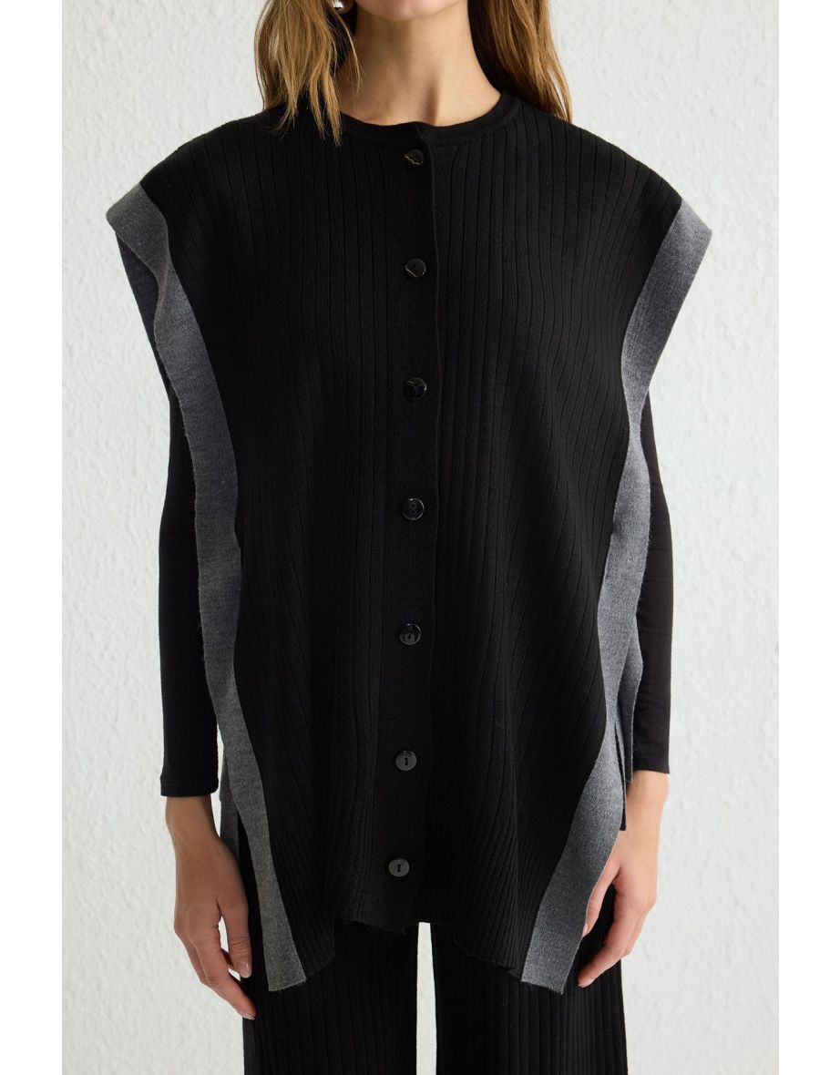 Black Color Block Slit Detailed Vest-Pants Knitwear Bottom-Top Set - 4