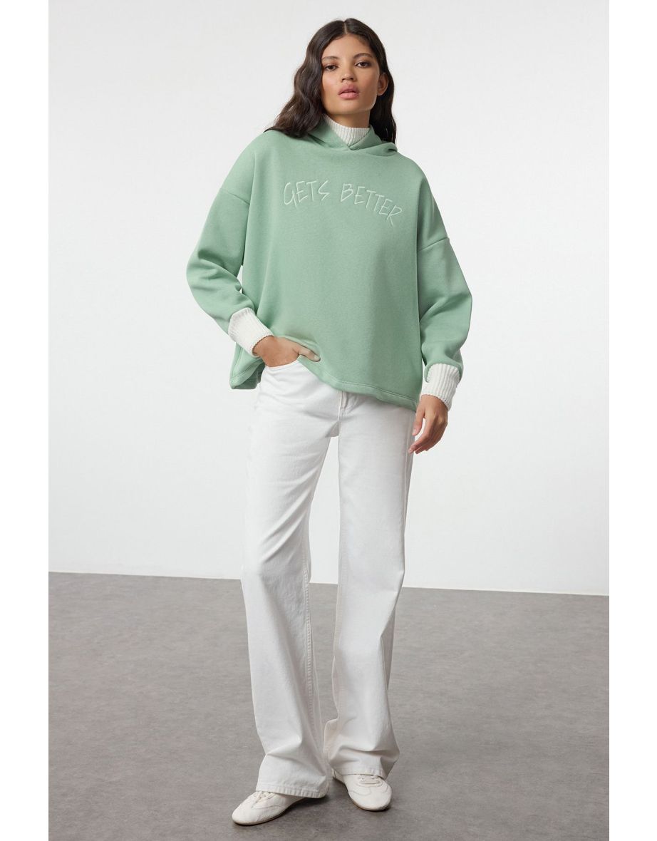 Mint Thick Fleece Knitwear Hooded Knitted Sweatshirt with Tape Detail