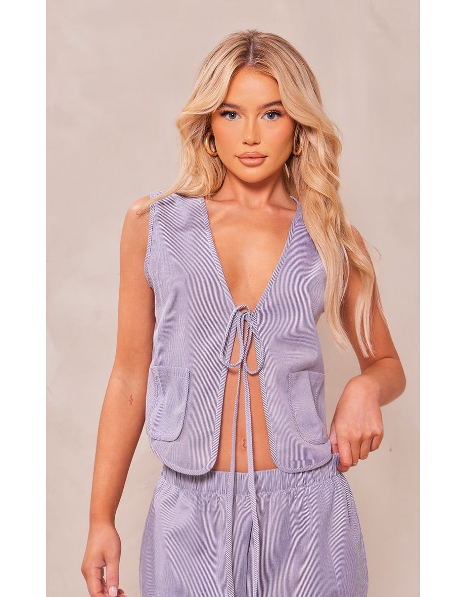 Light Grey Pinstripe Linen Look Tie Front Waistcoat
