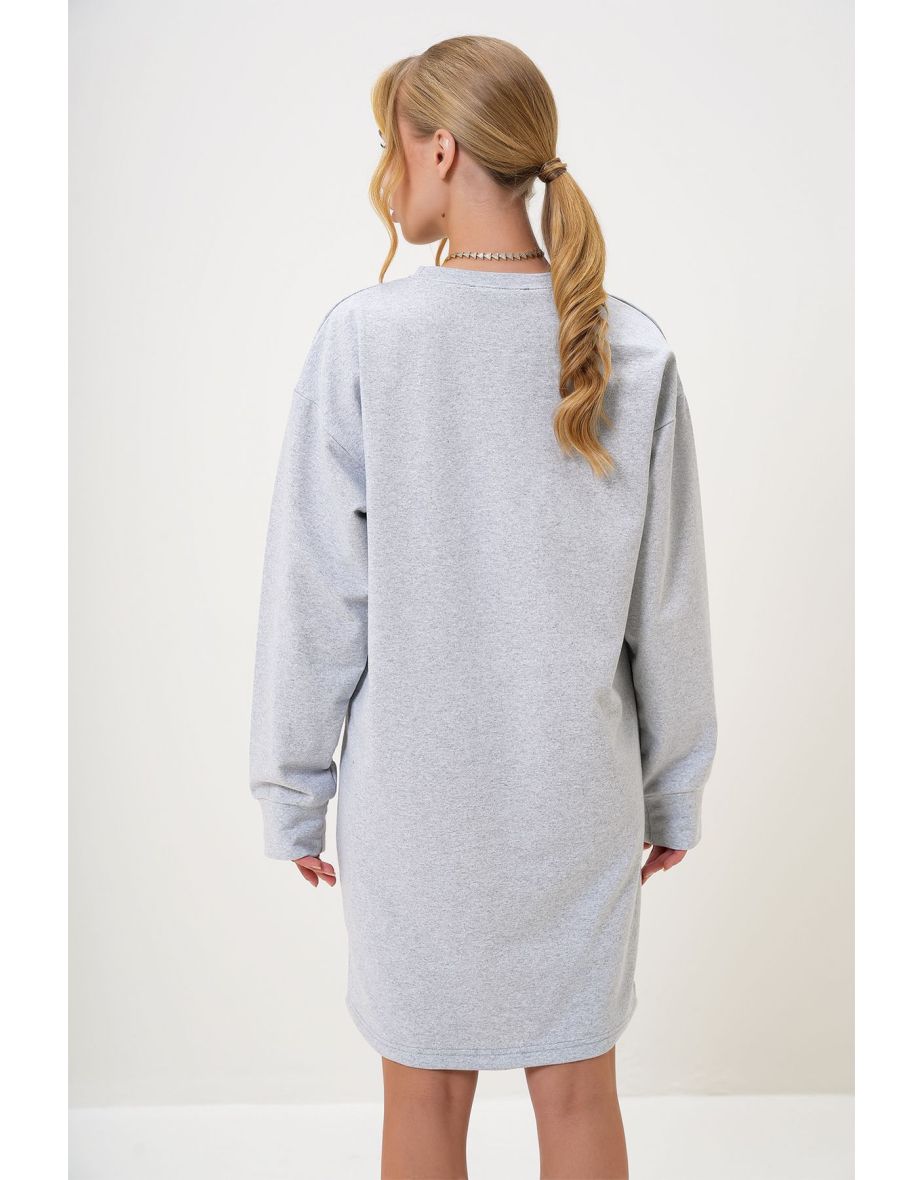 Women's Grey Melange Crew Neck Sweatshirt Dress - 5