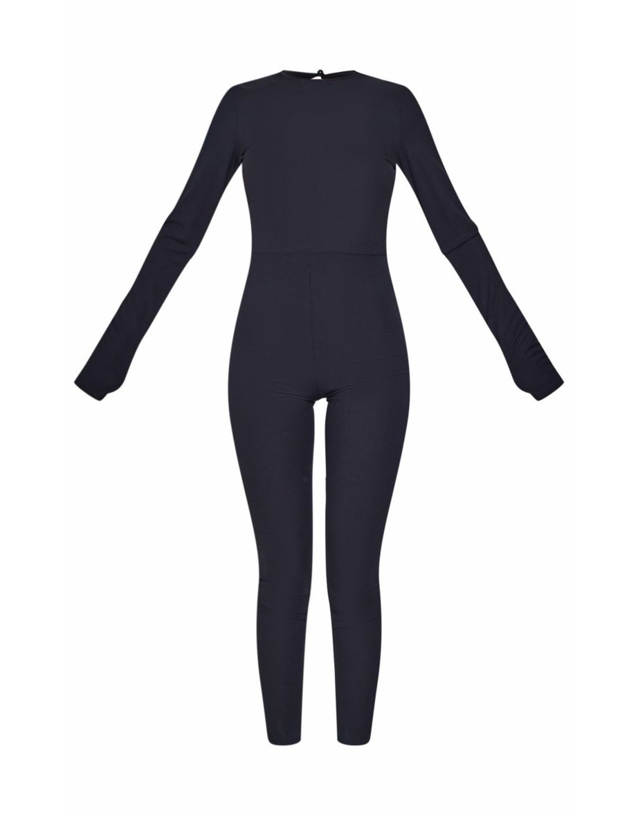 Tall Black Rib Long Sleeve Thumb Hole Jumpsuit - 4