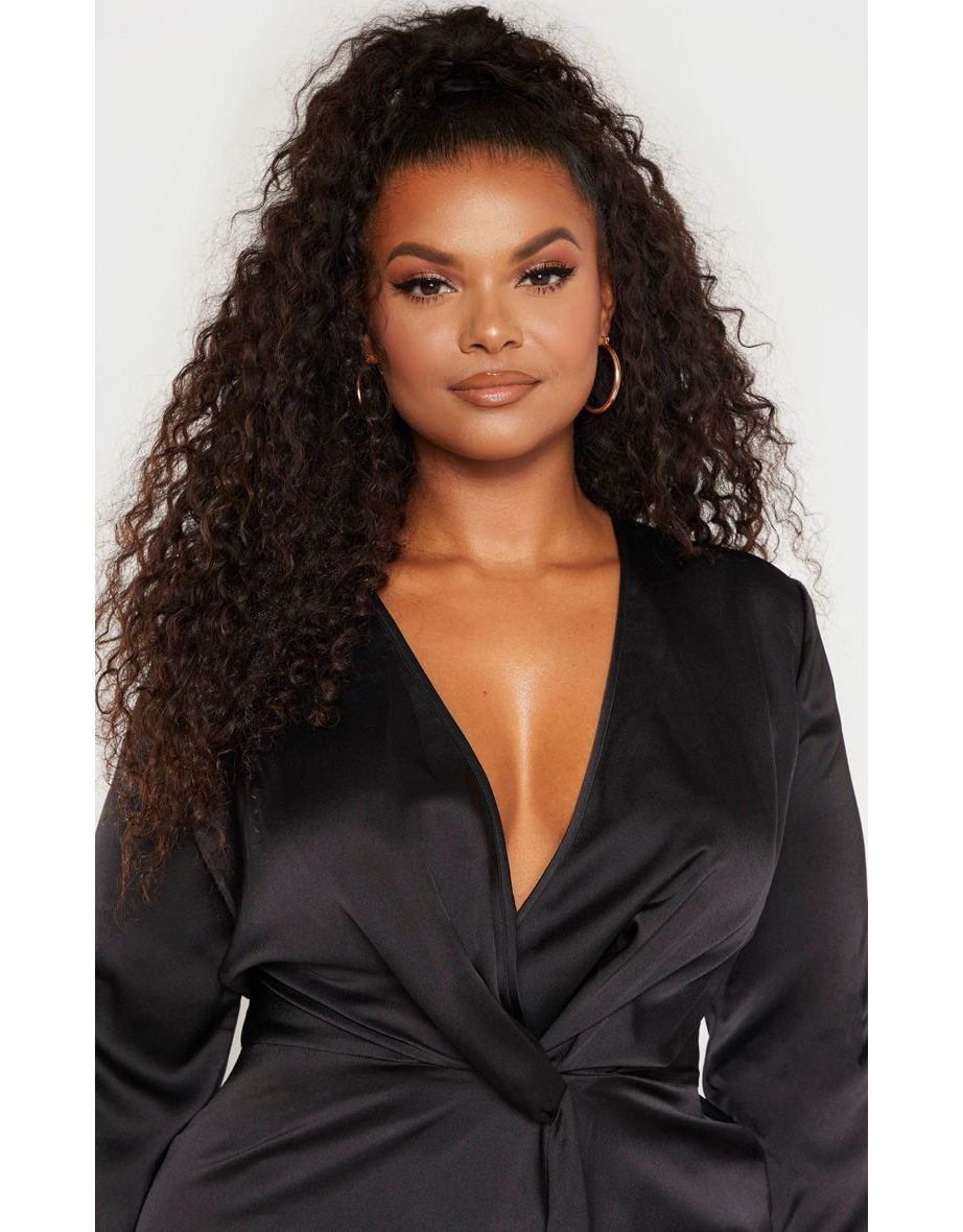 Plus Black Satin Long Sleeve Wrap Dress - 4