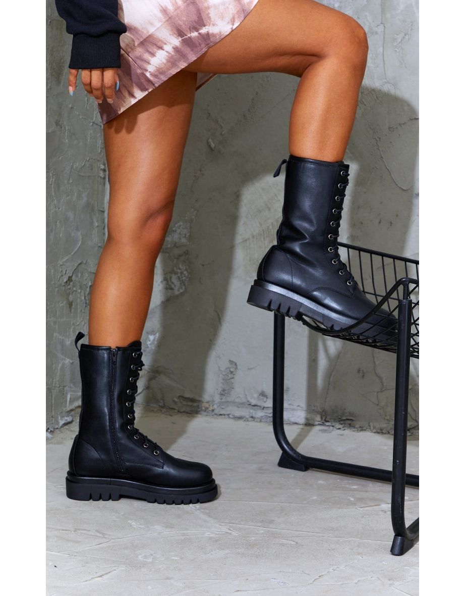 Black PU Lace Up Calf Chunky Boots