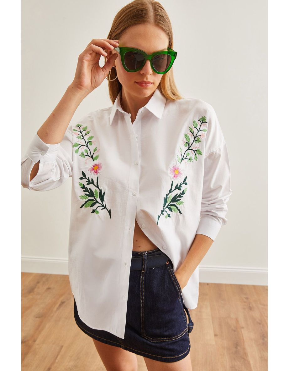 Women's Violet White Embroidery Detailed Oversize Woven Shirt