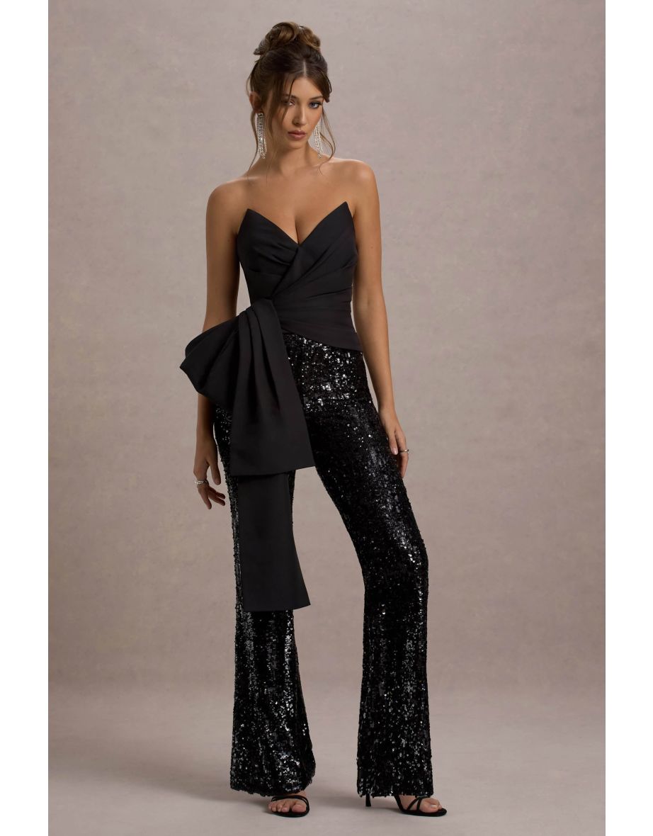 Bianco | Black Sequin Strapless Flared-Leg Jumpsuit With Drape - 5