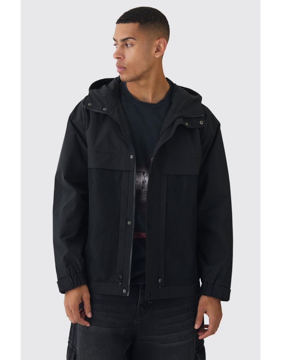 Hooded Mesh Panel Tech Parka In Black