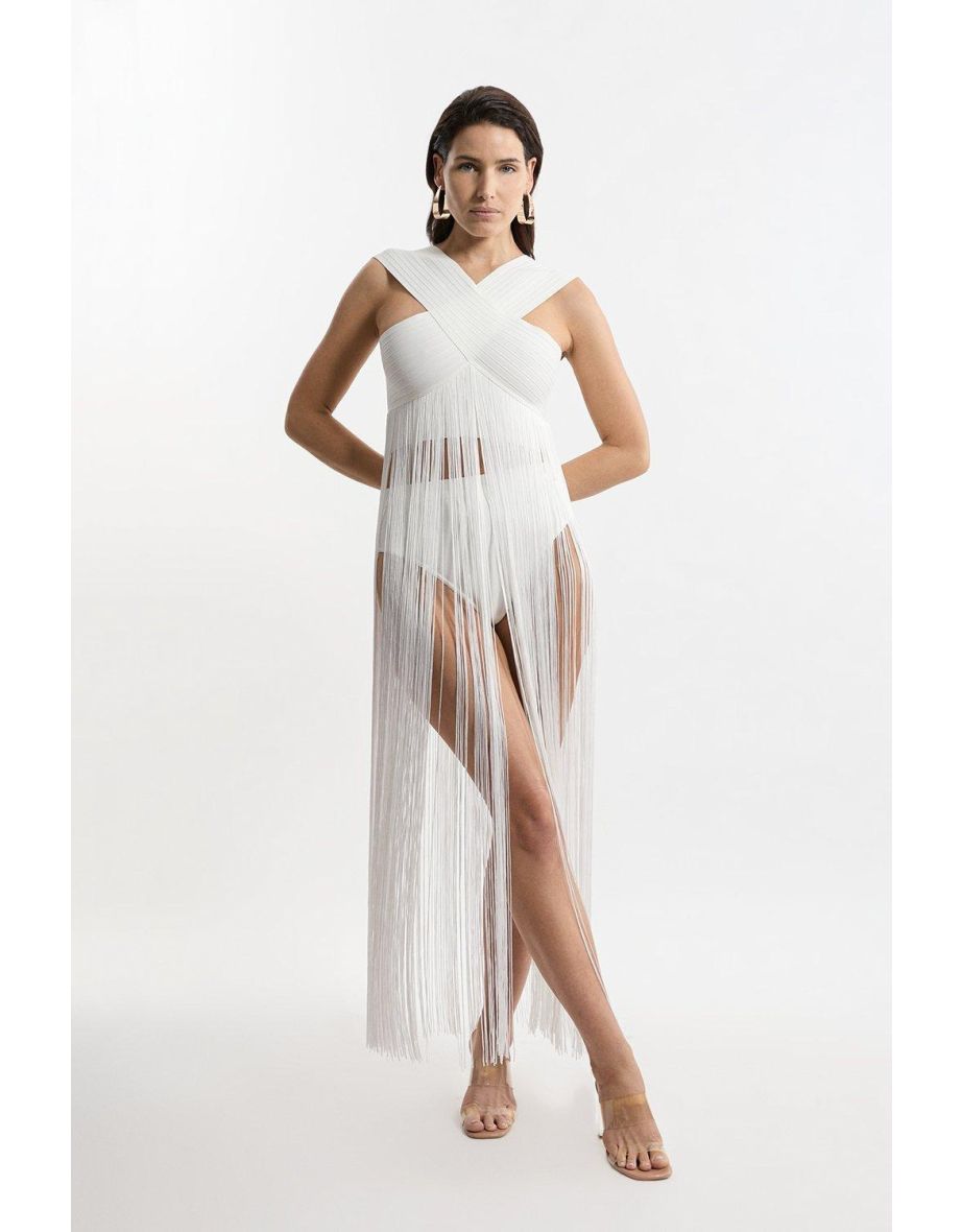 Bandage V Neck Cut Out Fringed Bikini Top